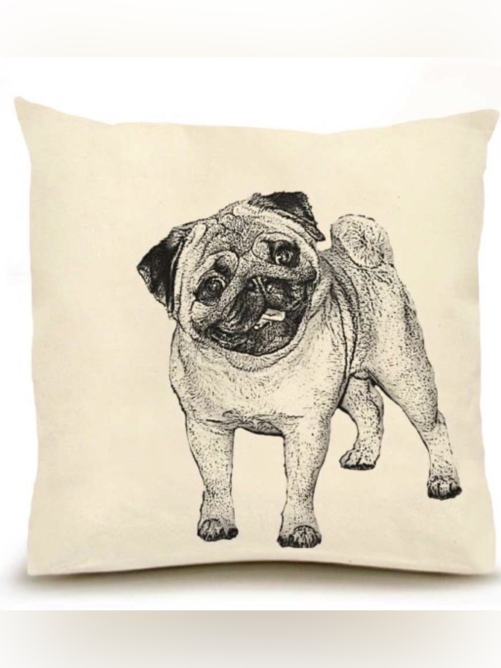 Pug Illustrated Throw Pillow - Cream with Black Print